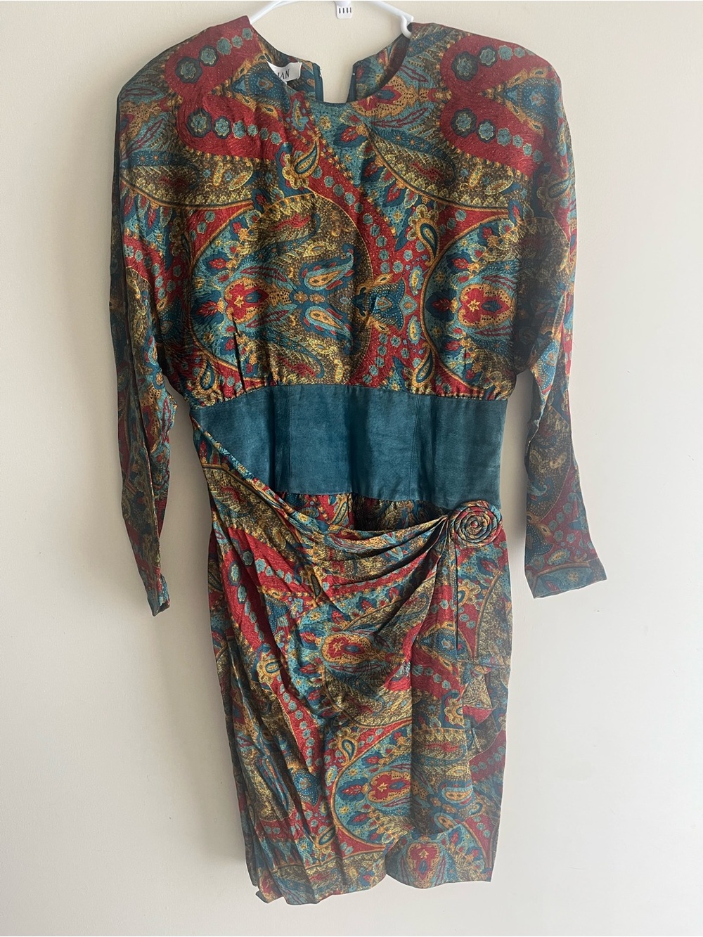 Gillia Teal and Red Paisley Long-Sleeve Dress